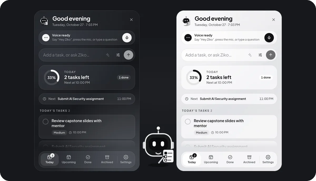 Ziko's task panel in dark and light themes next to the robot pet
