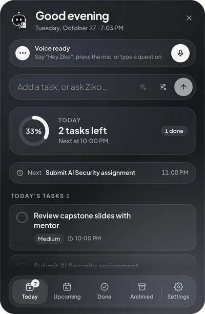 Ziko's Today view in the dark theme: voice bar, quick add, a progress ring, the next reminder and today's tasks