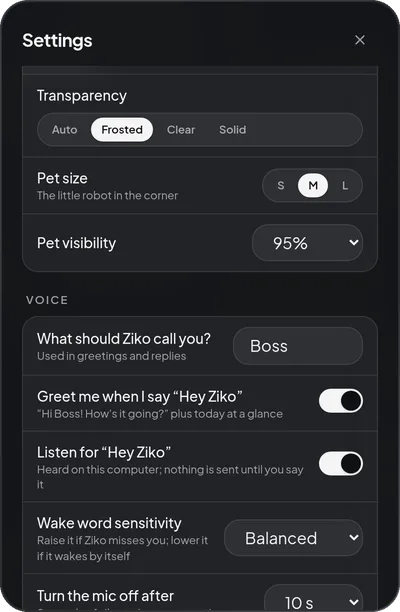 Ziko's voice settings: the name it calls you, the hello on "Hey Ziko", the wake word and its sensitivity, and the mic auto-off timer